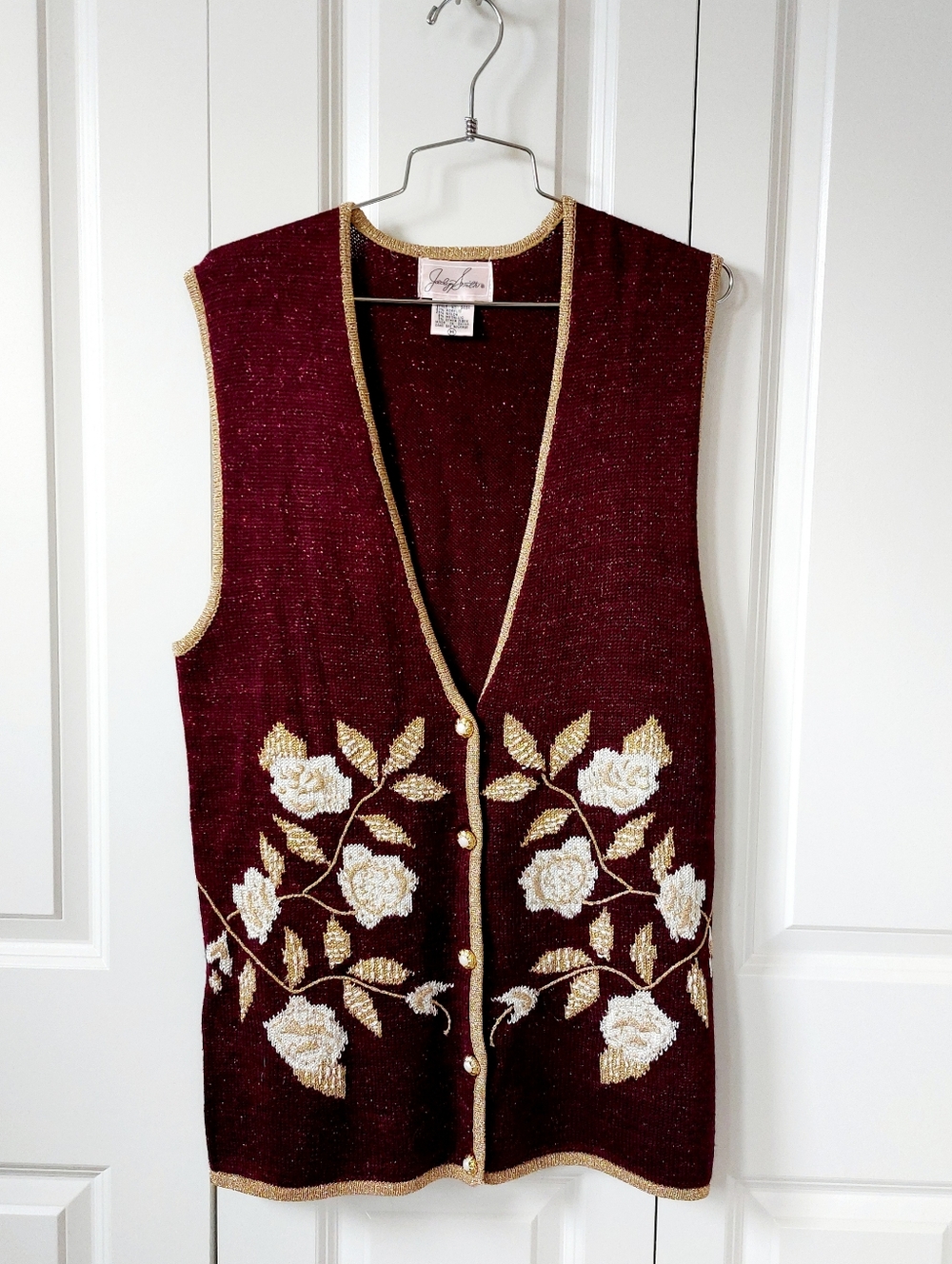 Burgundy Metallic Floral Granny Vest Gold & Pearl Roses Medium Jacyln Smith Holi